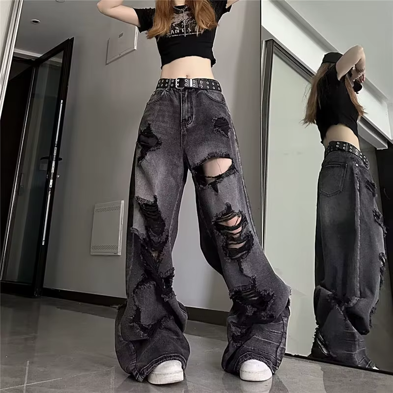Jean déchiré noir Vintage pour femmes, pantalon à jambes larges, taille haute, droit, Baggy, Y2k