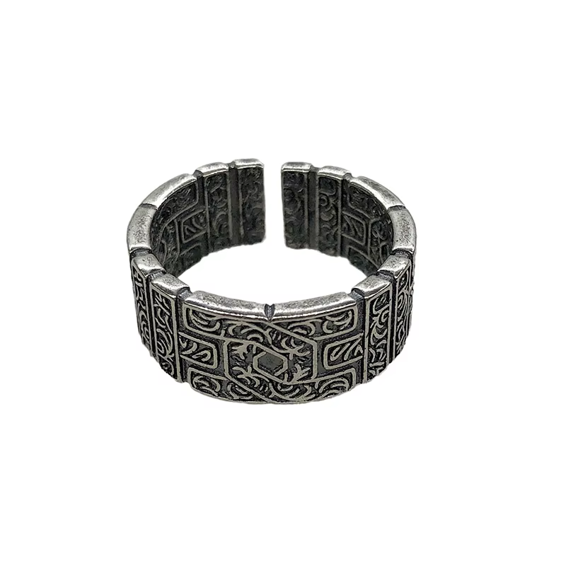 Bague rétro à motif d'herbe Tang pour hommes, couleur argent, Punk gothique, ouverte, faite à la mai