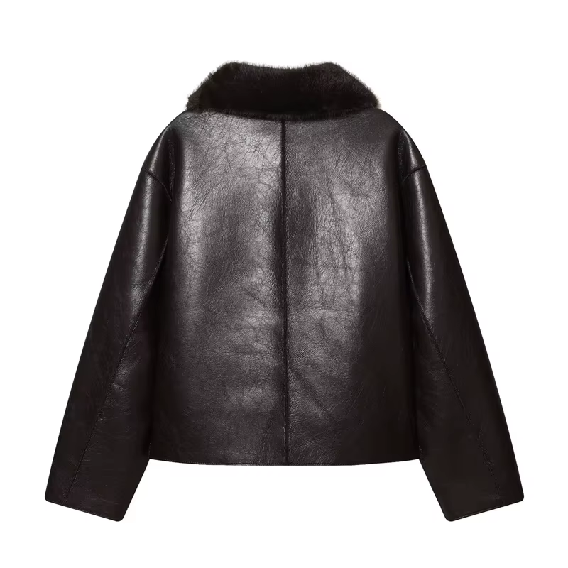 Veste femme 2025 automne/hiver nouveautés marron foncé à manches longues en simili cuir veste révers