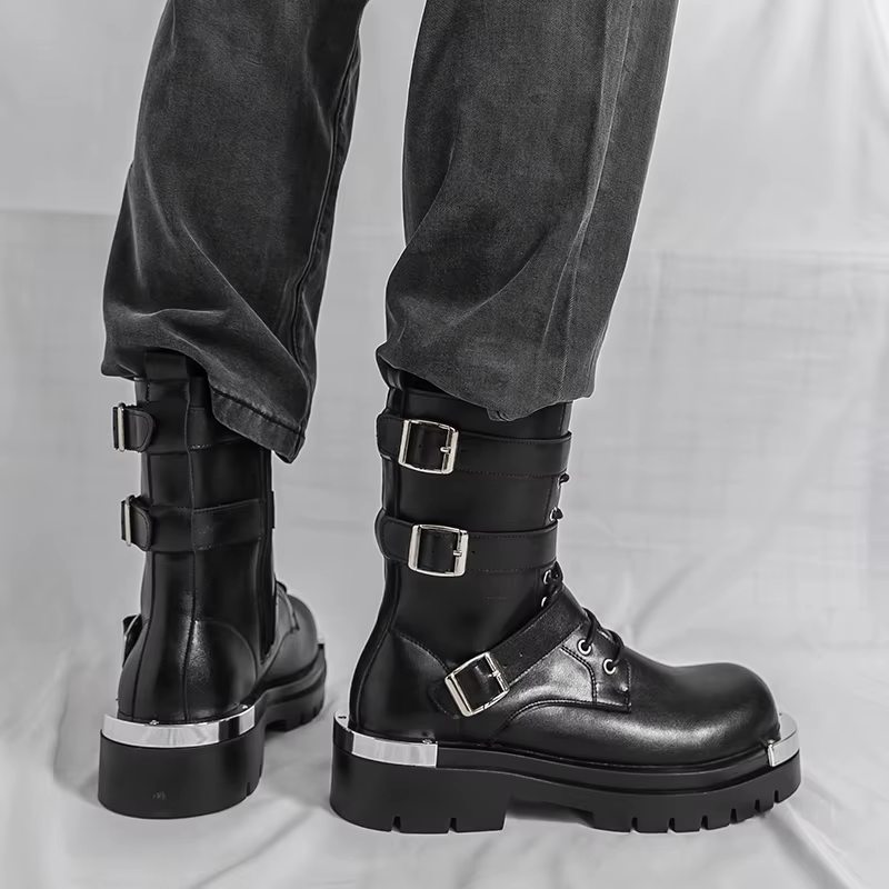 Bottes Chelsea pour hommes, couleur unie, semelle épaisse, hauteur augmentant, haut en métal, gros o