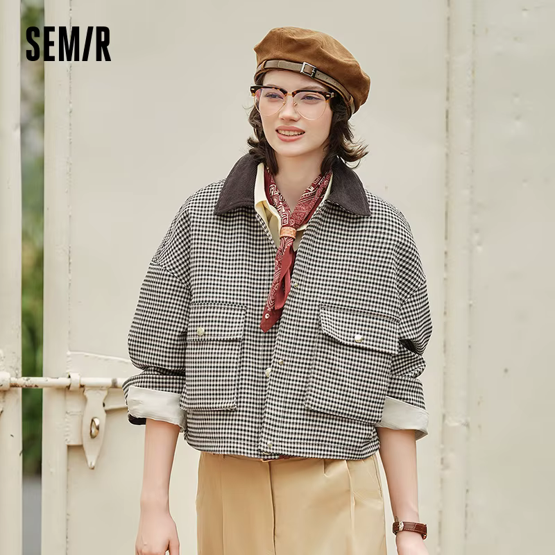Semir veste femmes recadrée col tournant à la mode en vrac 2025 nouveau automne Plaid mode manteau