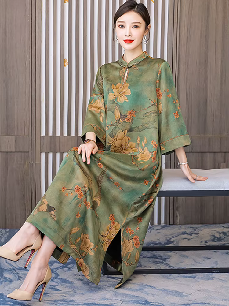 Robe maxi verte à manches longues pour femmes, col montant, vintage coréen, luxe élégant, automne, h