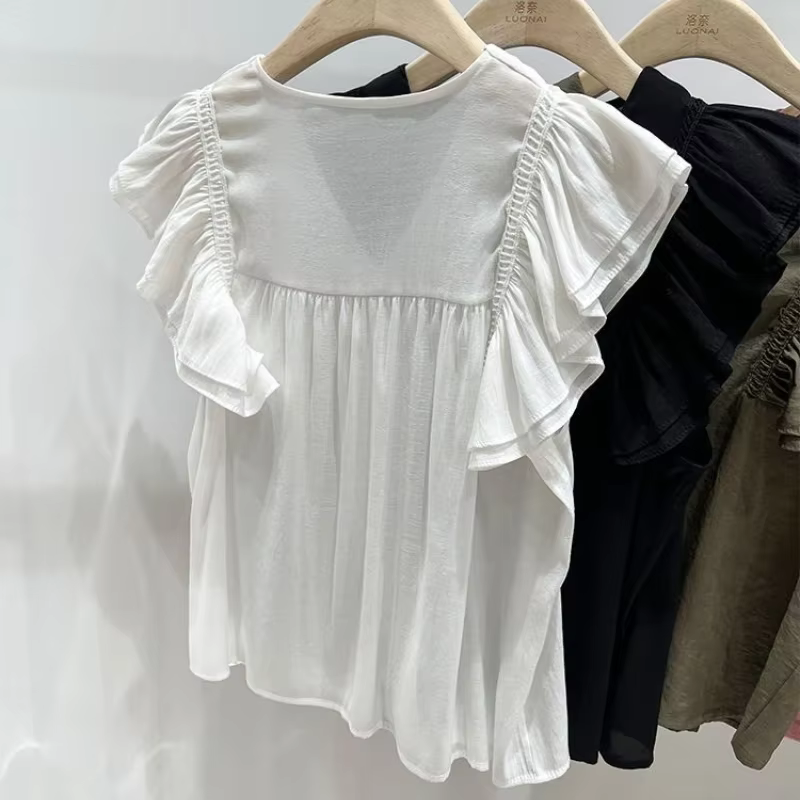 Chemises à manches volantes pour femmes, style français, à volants, de niche, solide, tout assressen