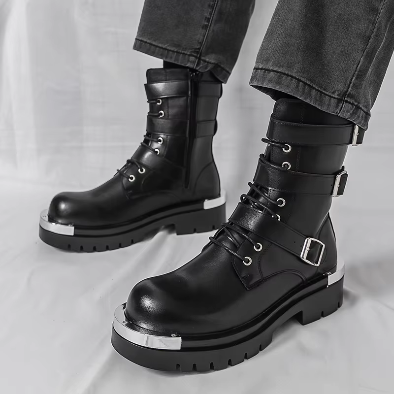 Bottes Chelsea pour hommes, couleur unie, semelle épaisse, hauteur augmentant, haut en métal, gros o