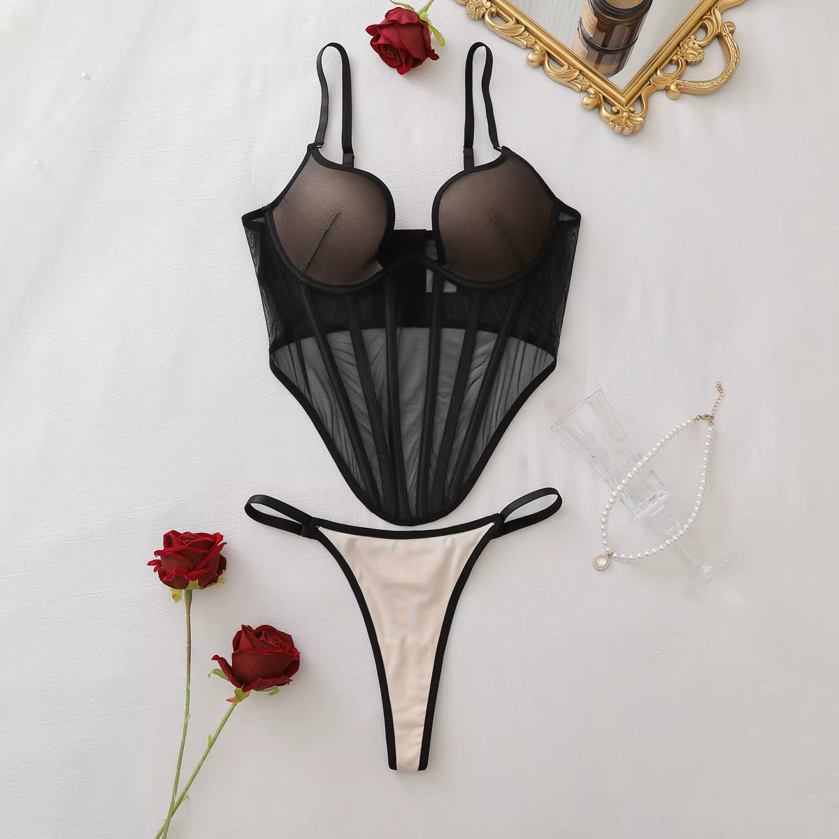 Ellolace Ensemble de Lingerie Séduisante pour Femme, Soutien-gorge Corset Push-Up Sexy et String, 2 