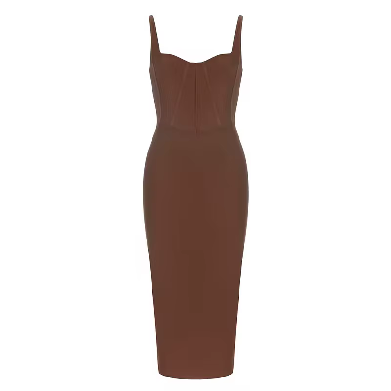 Robe longue marron foncé avec sangle pour femme, robe à bandes, mode sexy, célébrité d'été, robe de