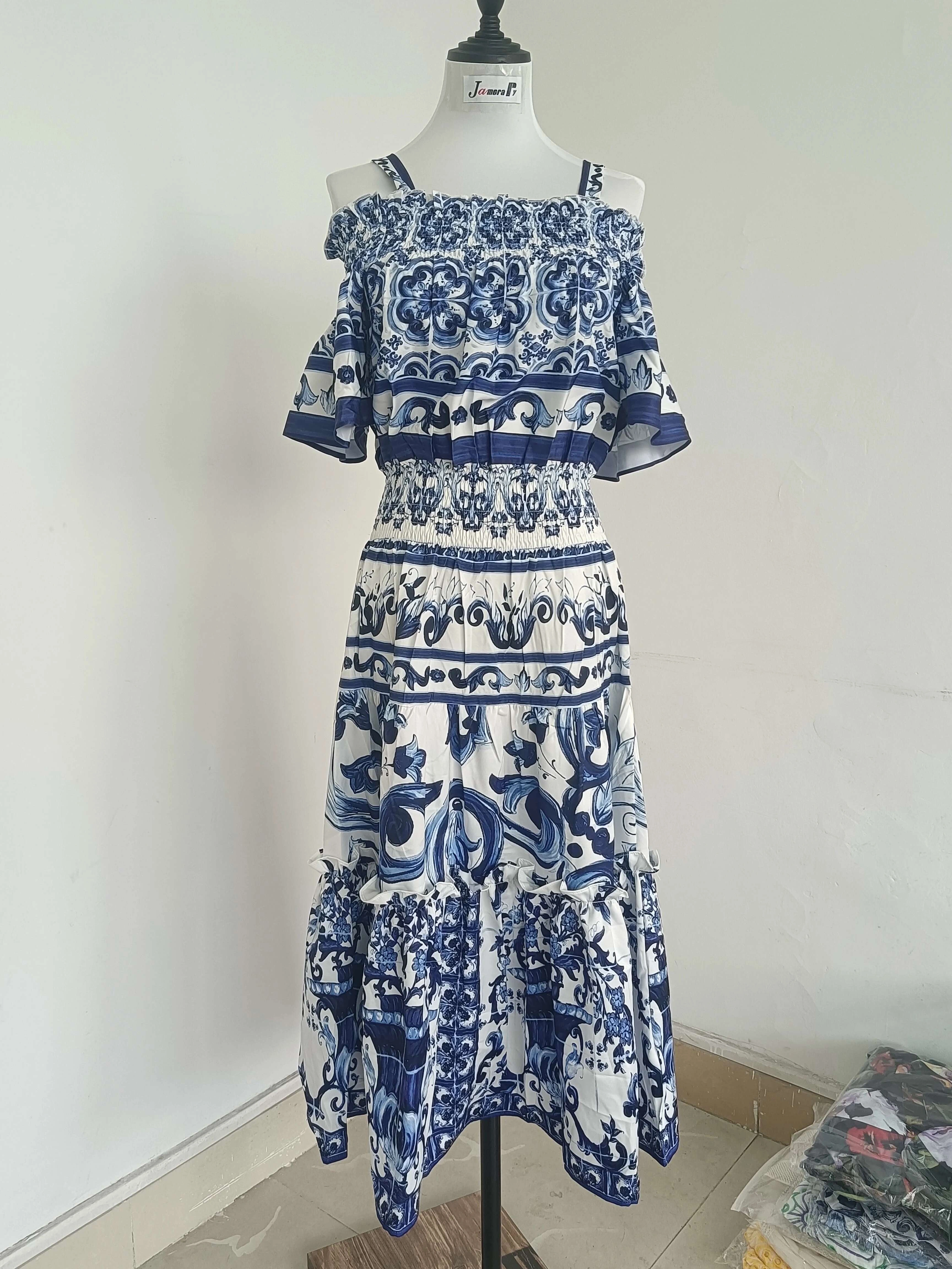 Robe mi-longue en coton bleu et blanc avec imprimé porcelaine pour femme, robe de créateur de piste 