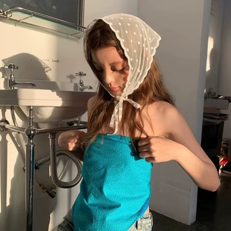 Foulard triangulaire en dentelle pour femmes, accessoire de cheveux Simple à pois, bandeau de Style 