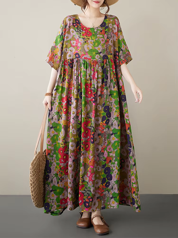 Robe longue vintage en coton à manches courtes et imprimé violet pour femme – Collection été 2026 – 
