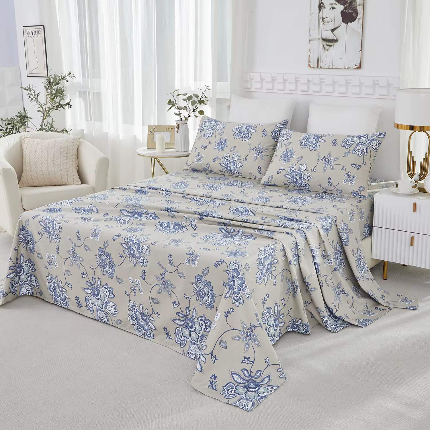 Ensemble de draps en coton égyptien 100% 600TC, 4 pièces, motif Paisley damassé bleu Boho, doux pour