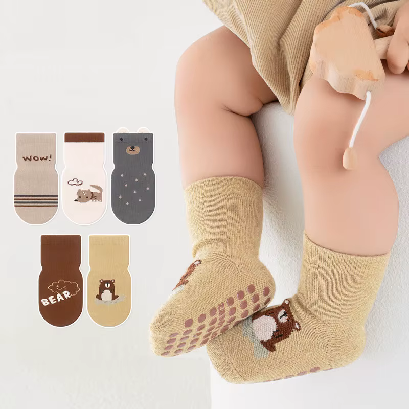 5 paires de chaussettes antidérapantes en coton pour enfants, garçons et filles, chaussettes de sol