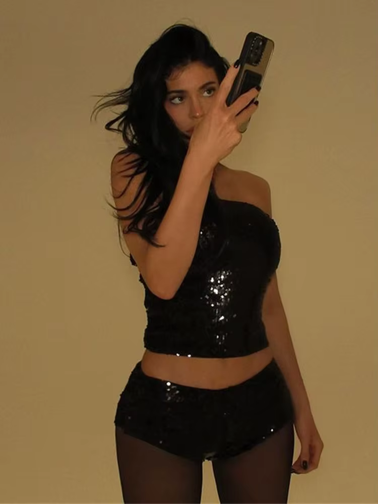 Ahagaga-Ensemble de survêtement 2 pièces pour femmes, sexy, club, paillettes, mode, solide, slim, en