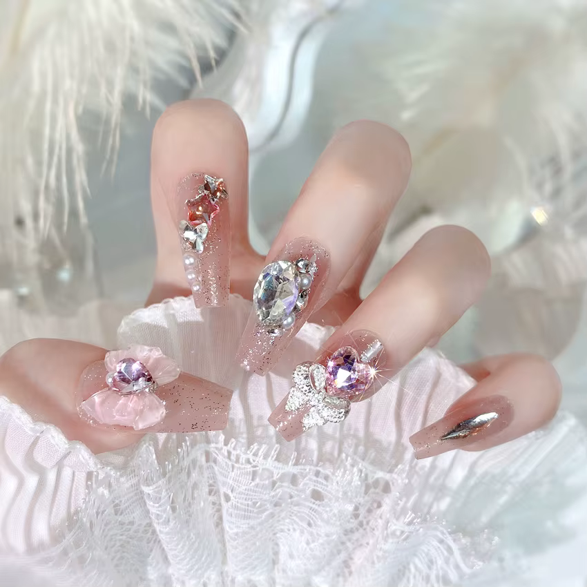 Blush rose faux ongles nœud papillon diamant perle conception 3D presse sur les pointes d'ongles ave