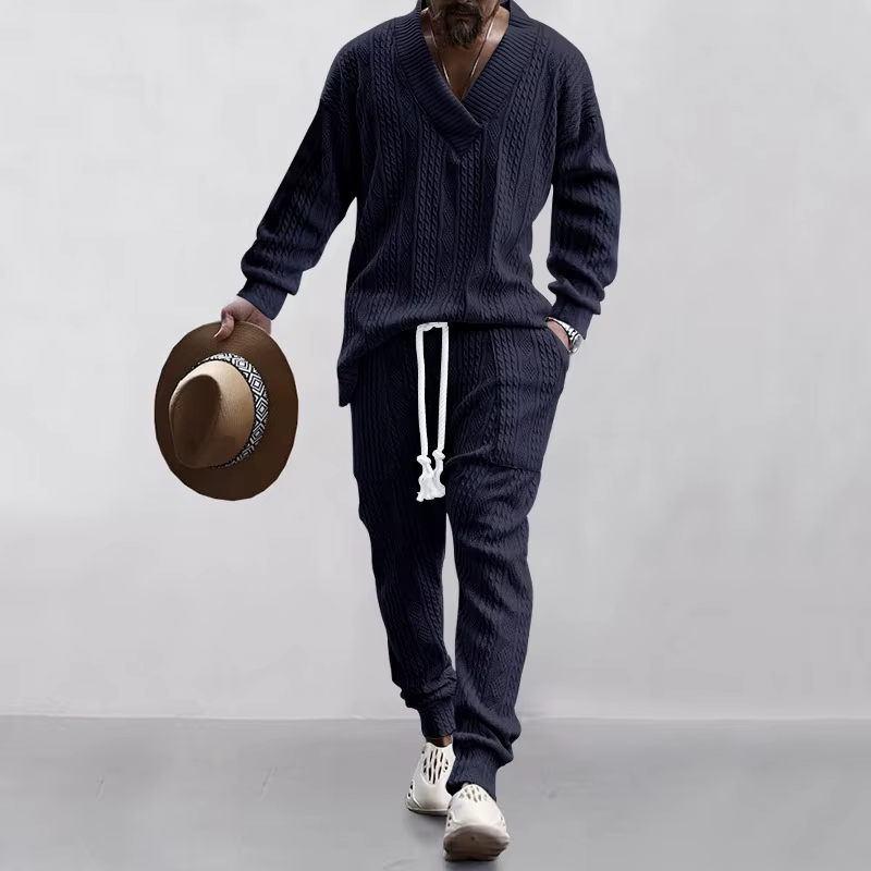 Ensemble pull tricoté en Jacquard polyvalent pour hommes, pantalon décontracté, col en v, nouvelle c