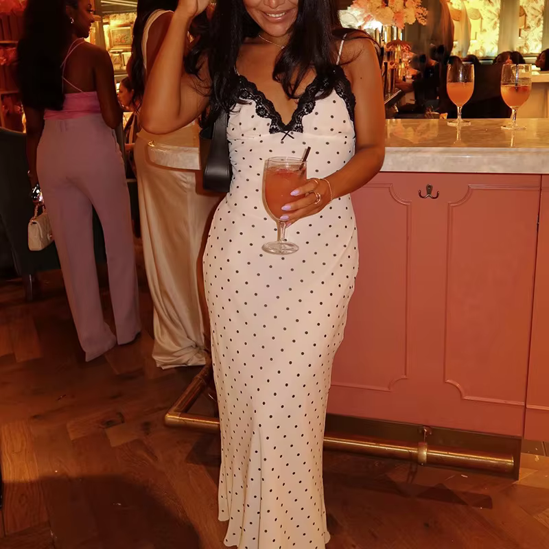 Tornova Sexy col en v à pois robe à bretelles pour les femmes mince français rétro dentelle épissure