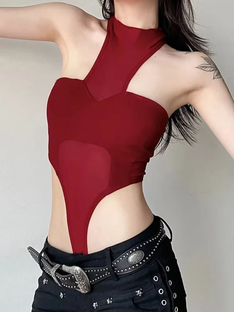 Body Sexy en maille transparente pour femmes, Lingerie rouge, une pièce montée sur le cou, hauts dos