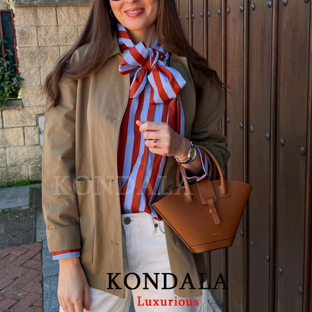 KONDALA Blouse Vintage Femme Rayée Col Rabattu Nœud Manches Longues Boutonnage Simple Mode Printemps