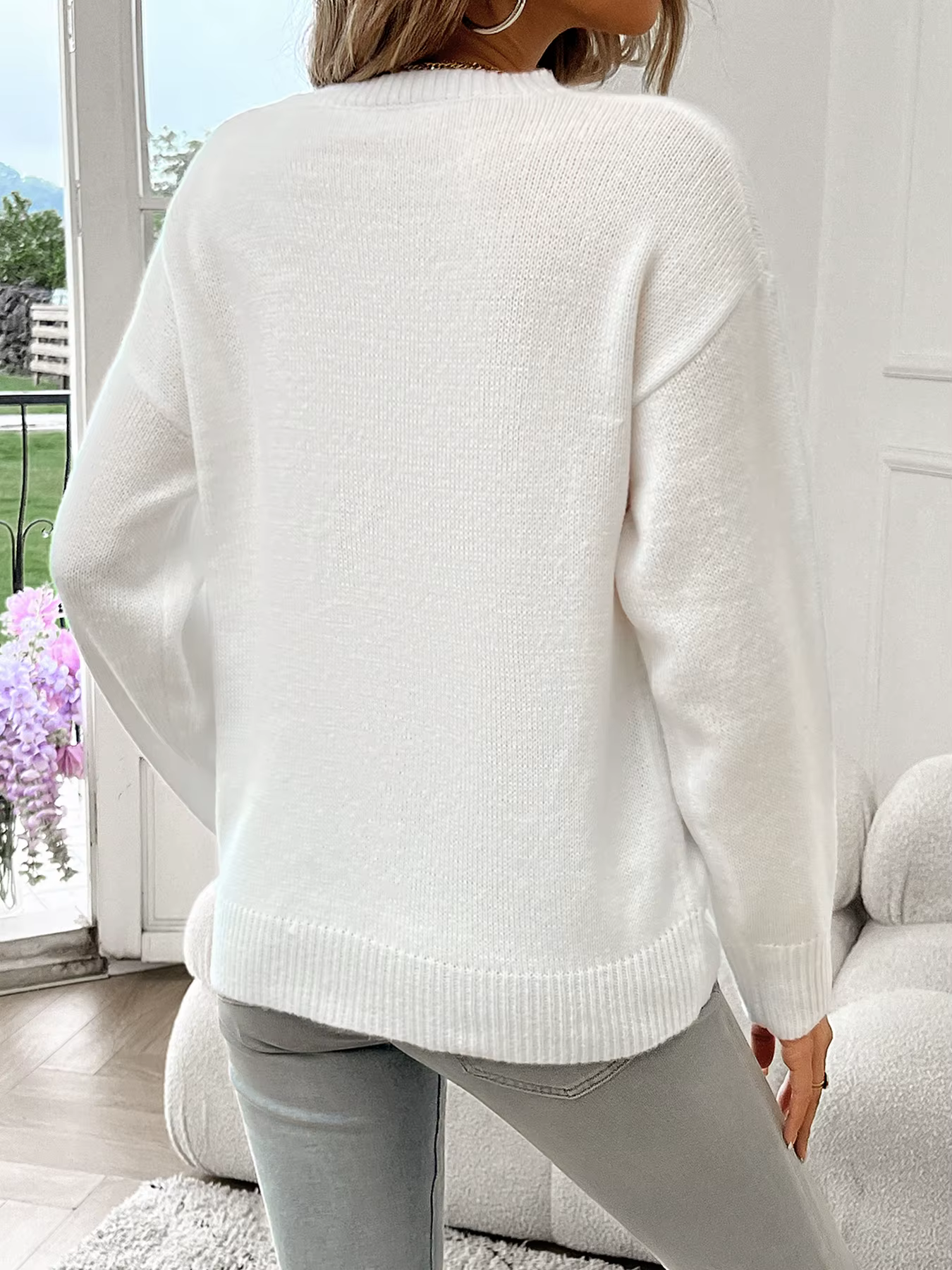 Pull à manches longues et col rond avec drapeau américain pour femme