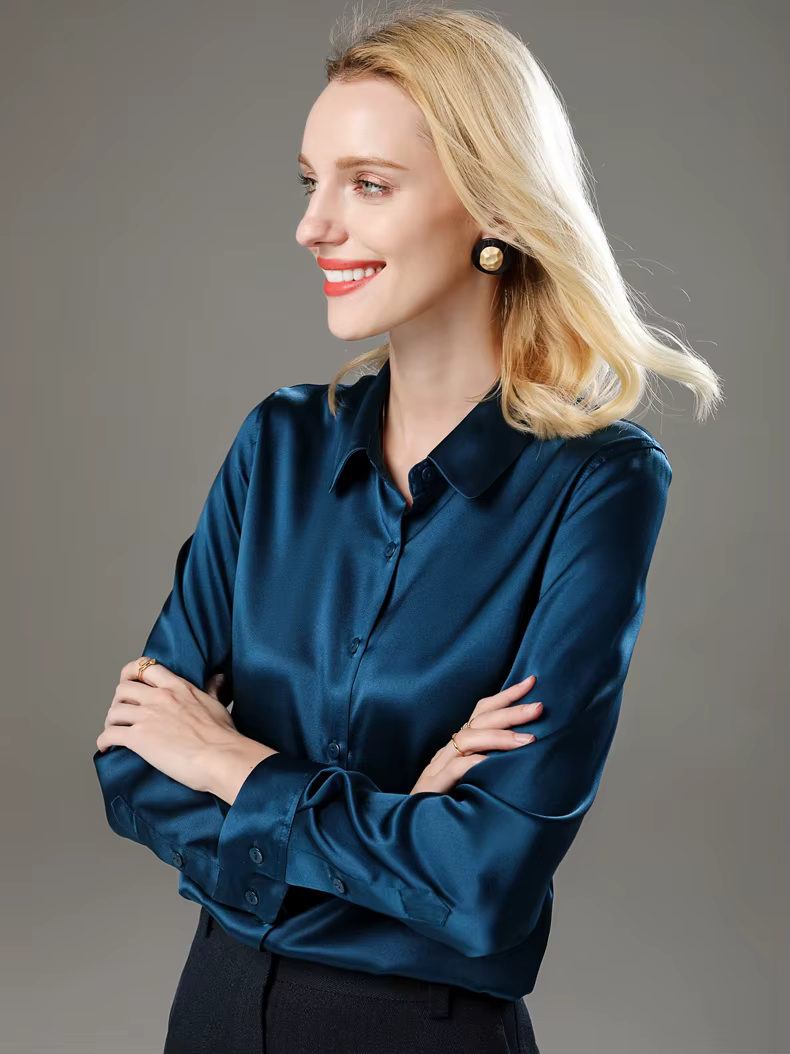 SuyaDream femme robe chemises femme 93% soie 7% élasthanne basique solide col rabattu Chic Blouse ch