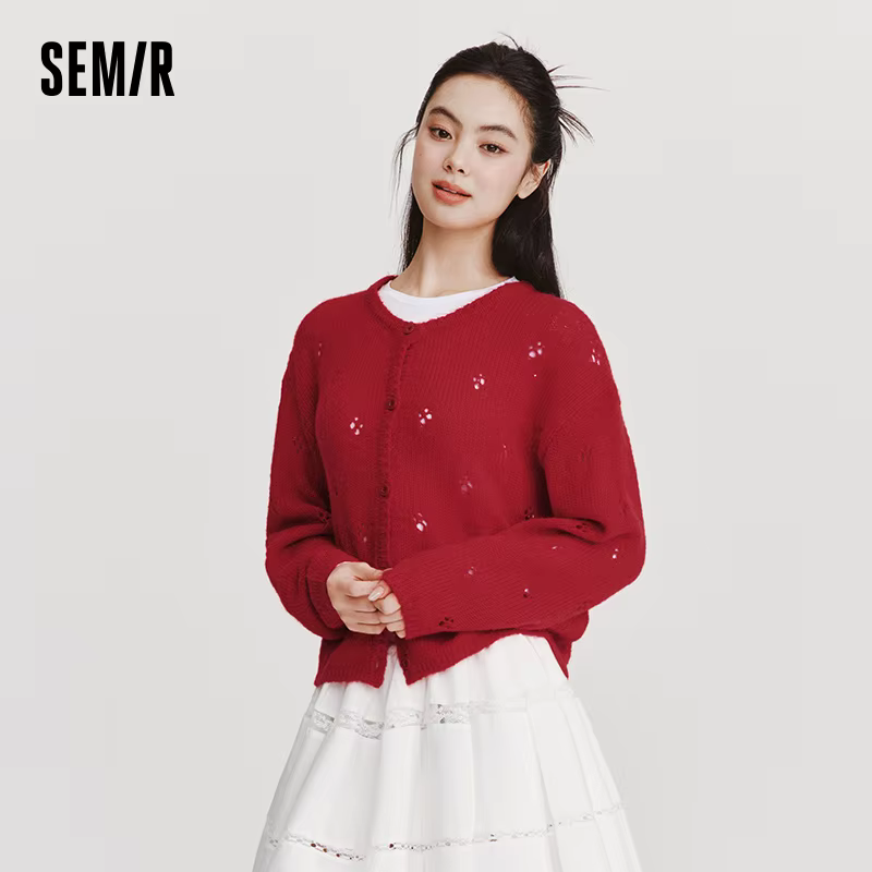 Cardigan rouge pour femme Semir, collection Printemps 2026, col rond ajouré, style décontracté et co