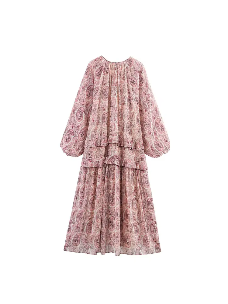 Robe MIDI d'été en mousseline de soie pour femmes, imprimé Vintage, col en v, volants en cascade, ma