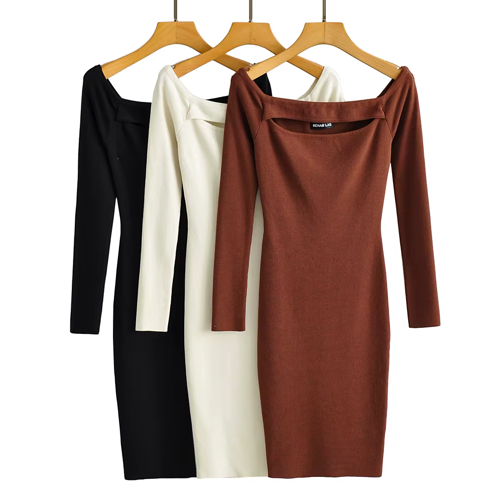 Robe de soirée courte moulante à manches longues pour femmes, robes tricotées évidées, épaule dénudé