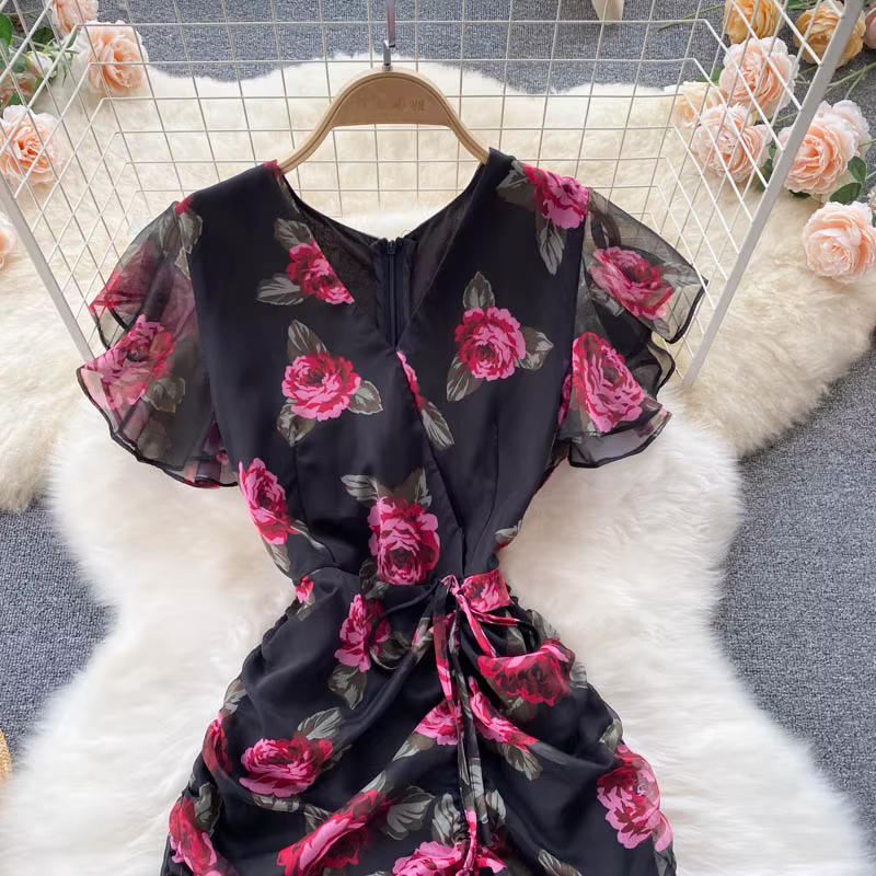 Robe vintage en mousseline de soie, élégante, col en v, à volants, décontractée, taille haute, pour