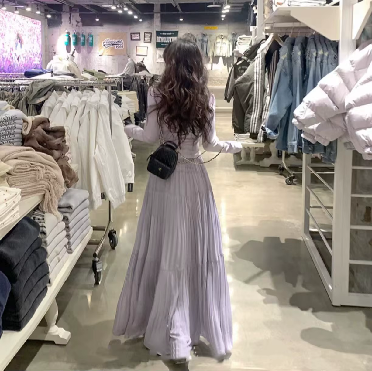Femmes printemps et été tendance taille haute plissée jupe longue décontracté élégant solide a-ligne