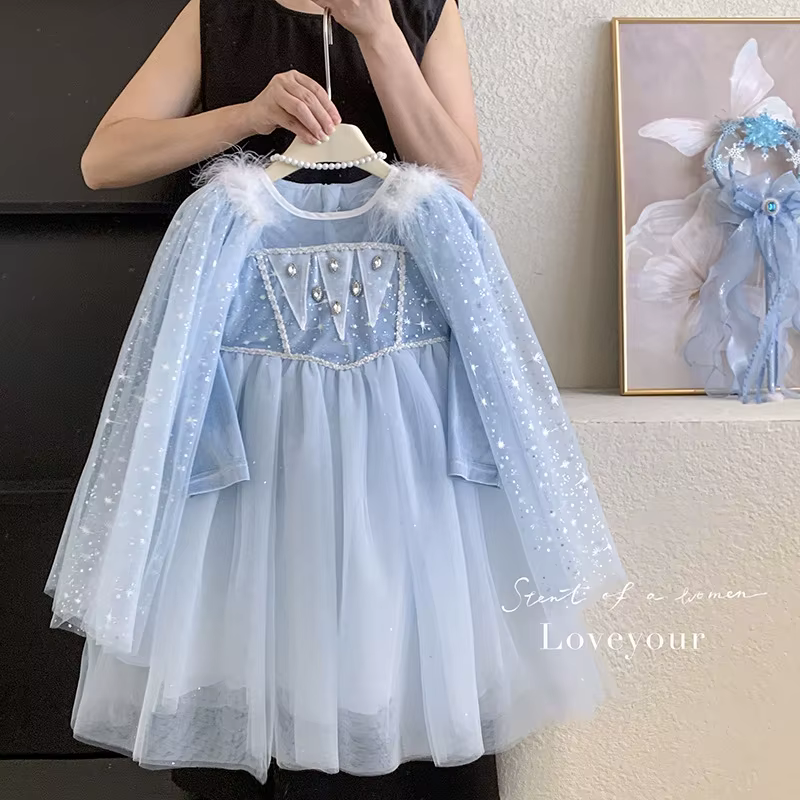 Robe princesse Elsa pour filles, automne 2025, robe en gaze moelleuse au trésor pour femmes avec châ