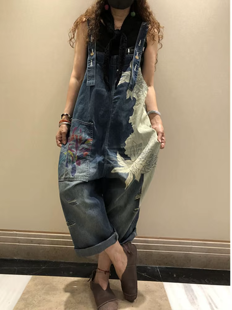 Amax luluE 2025 mode coréenne printemps femme imprimé Denim salopette dames Vintage Jeans décontract