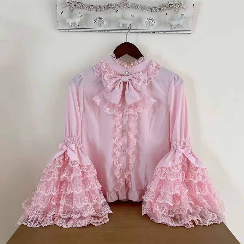 Chemise Lolita gothique et douce – Chemisier à volants à manches longues pour robes JSK, haut en den