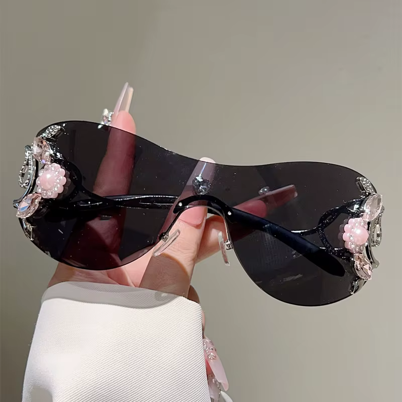 KAMMPT – lunettes de soleil Y2k sans bords avec strass pour femmes, monobloc, décoration extérieure,