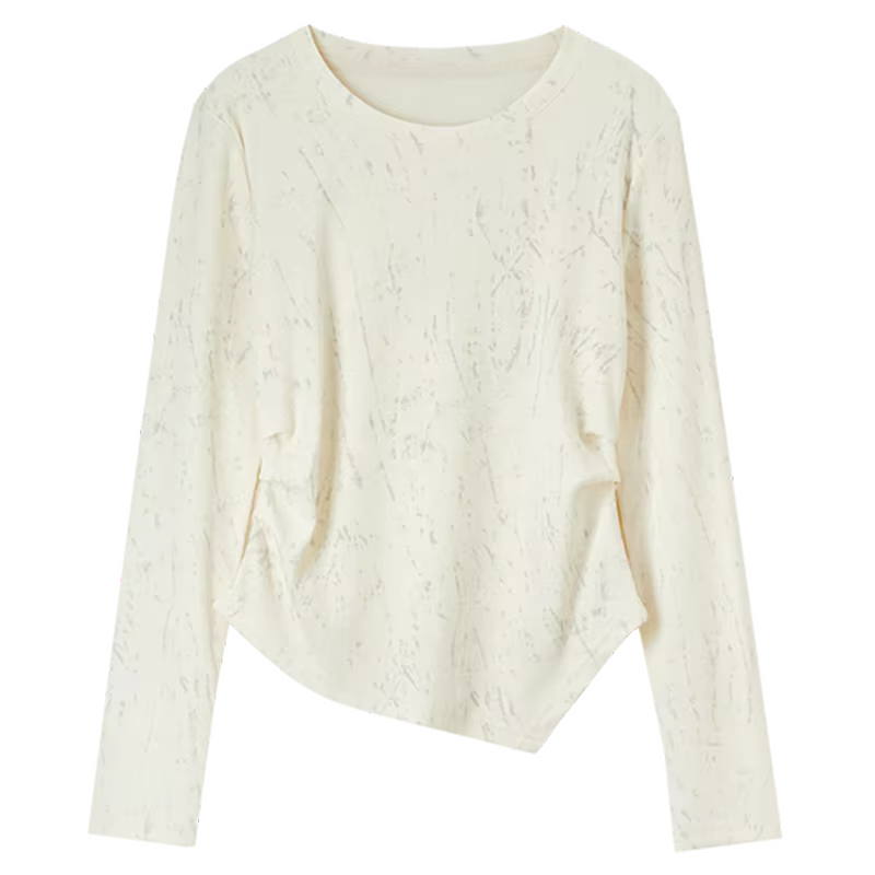 T-shirt en coton imprimé SENTUBILA pour femme, plissé irrégulier, tricoté, col rond, manches longues