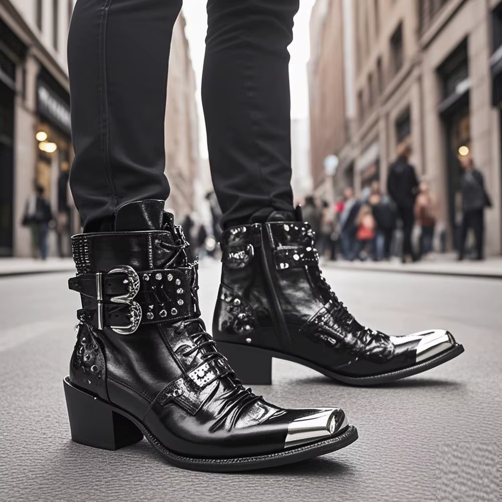 Bottes de cowboy occidentales à talons hauts pour hommes, ceinture Fangtou en métal, peau de vache s