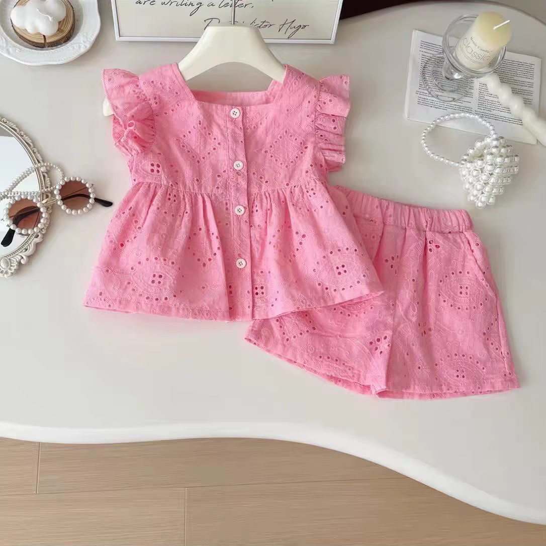 Nouveau style coréen filles été rose coton costume bébé creux petites manches volantes haut + short 