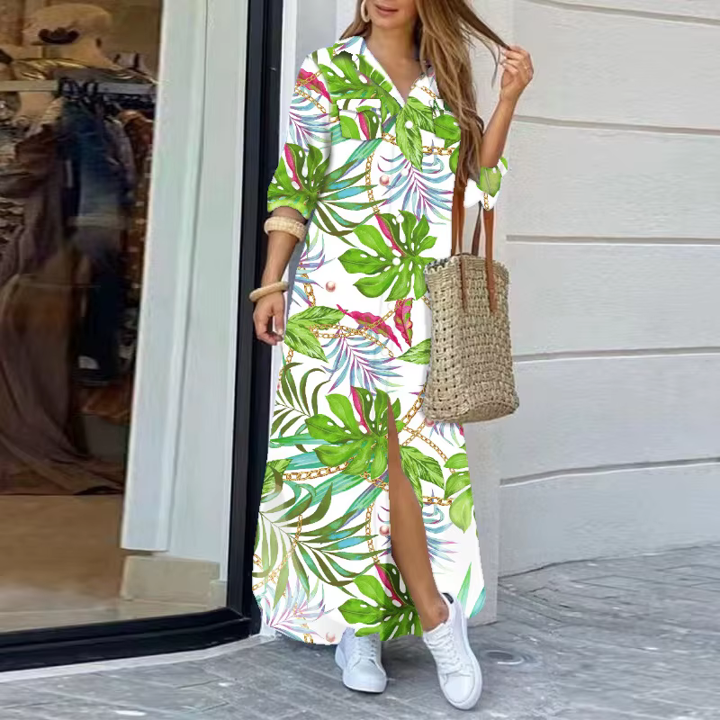 Robe chemise imprimée à col rabattu pour femmes, robes maxi élégantes, robe d'été à manches longues,