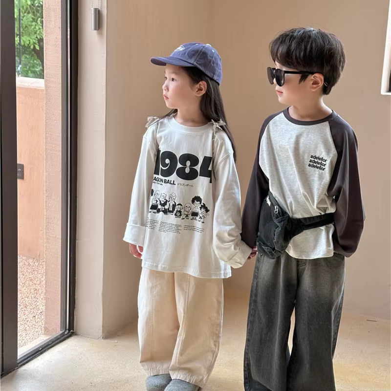 T-shirt manches longues col rond pour enfants, ample, en coton, avec lettres de dessin animé, printe