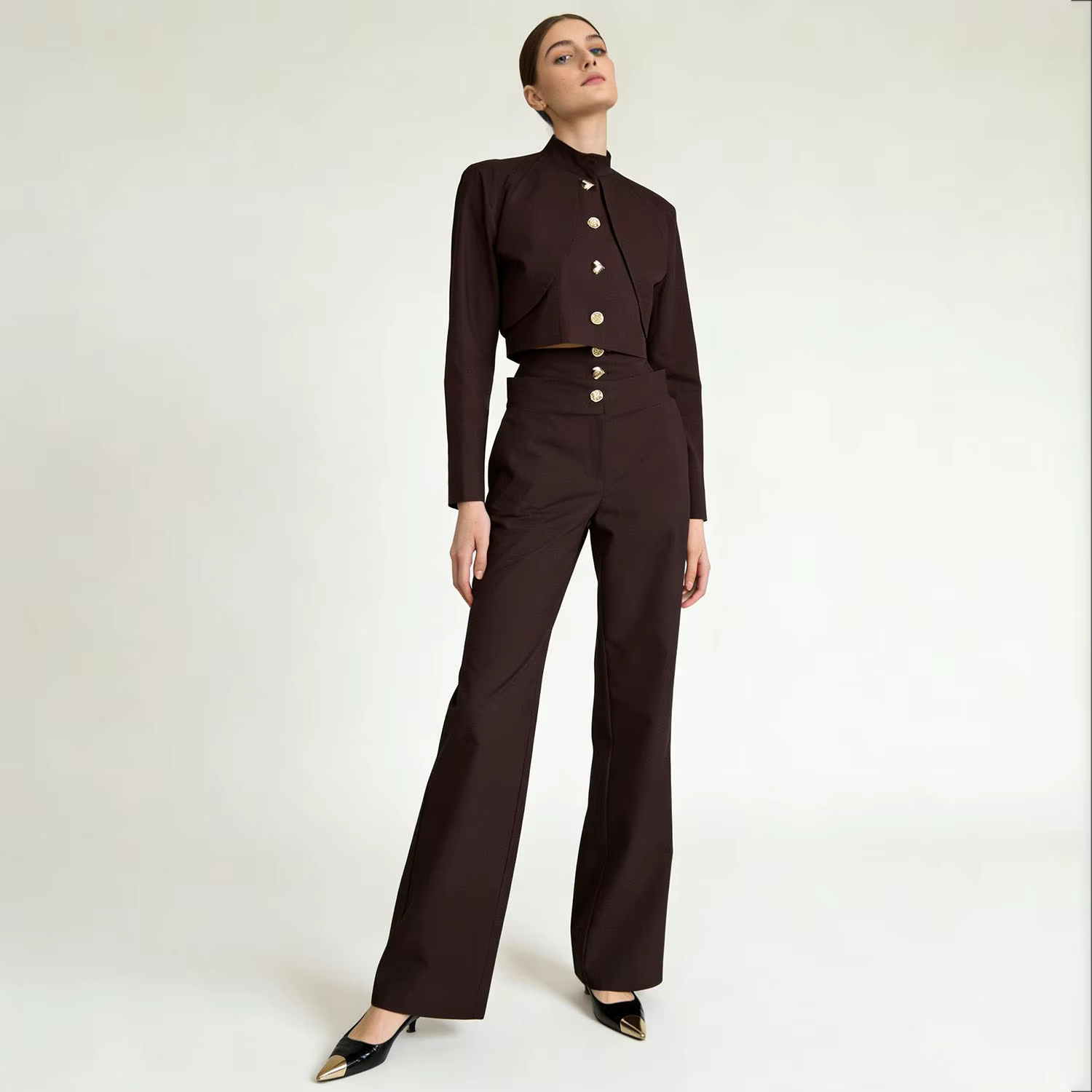 Haut court boutonné à col montant LIMO + pantalon large taille haute, ensemble élégant 2 pièces pour