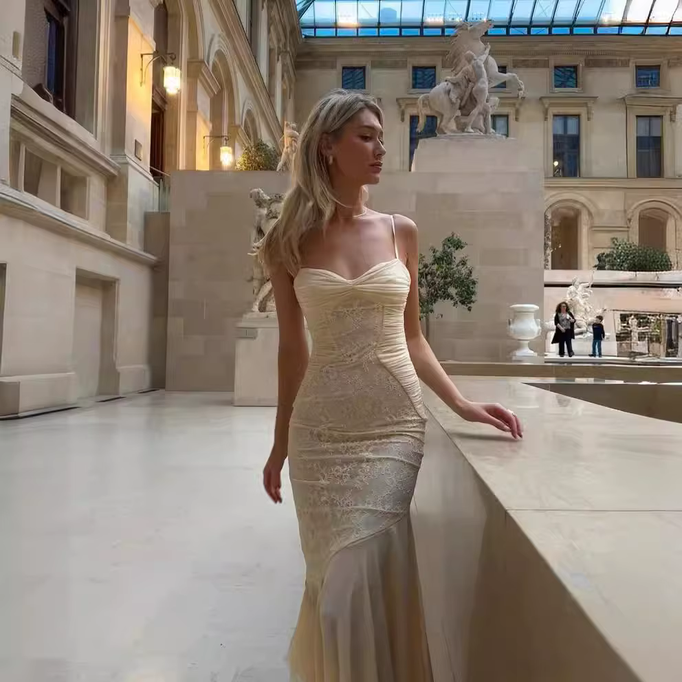 Mingmingxi – robe longue d'été pour femmes, Beige, élégante, en dentelle, avec ourlet, bretelles Spa