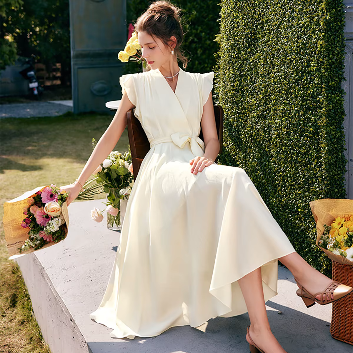 Robe longue élégante OLrain pour femme, collection été 2026, tendance, col en V, manches volantes, i