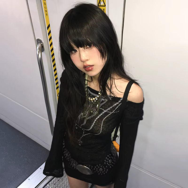 Karrram japonais Y2k hauts tricotés Grunge tatouage imprimé T-shirt à manches longues côtelé Vintage