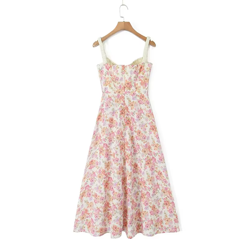 YENKYE-Robe mi-longue à imprimé floral de style français pour femmes, robe à bretelles A-ligne, fent