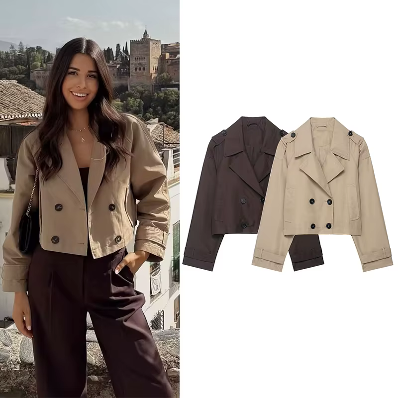 Trench-Coat court à Double boutonnage pour femmes, col rabattu, manches longues, manteaux Vintage, v