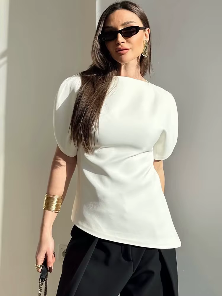 SLTNX T-shirts noirs décontractés et chics à manches courtes bouffantes pour femmes, hauts droits à