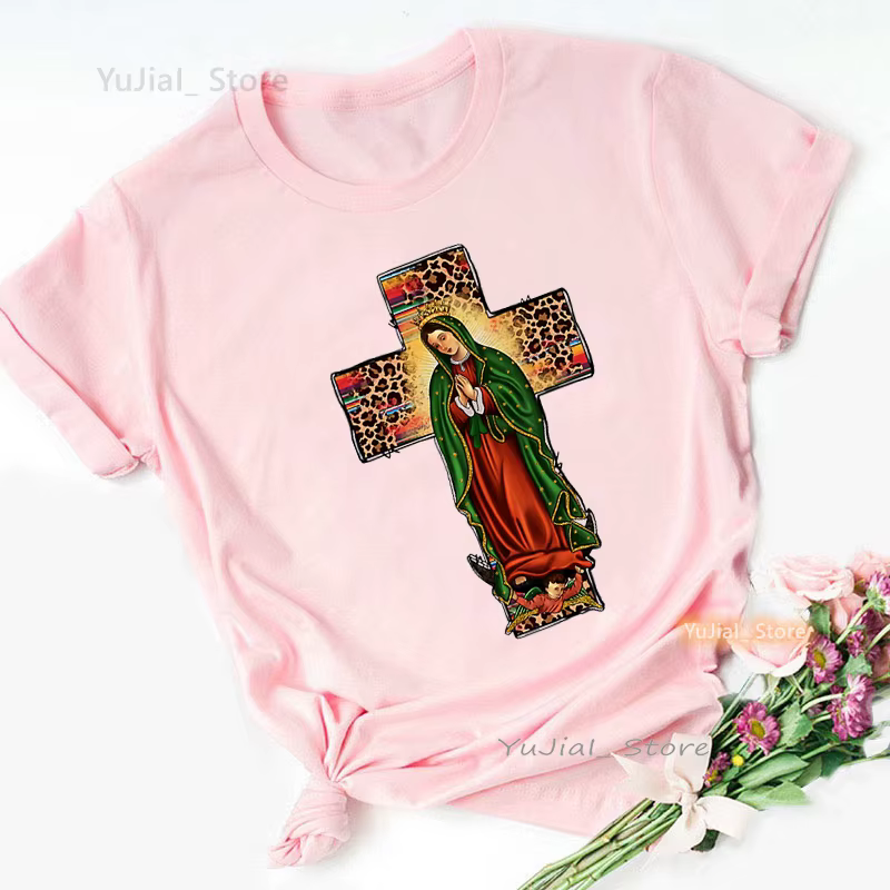 Léopard vierge marie Guadalup imprimer t-shirt filles mode d'été jésus rose t-shirt femmes Harajuku 