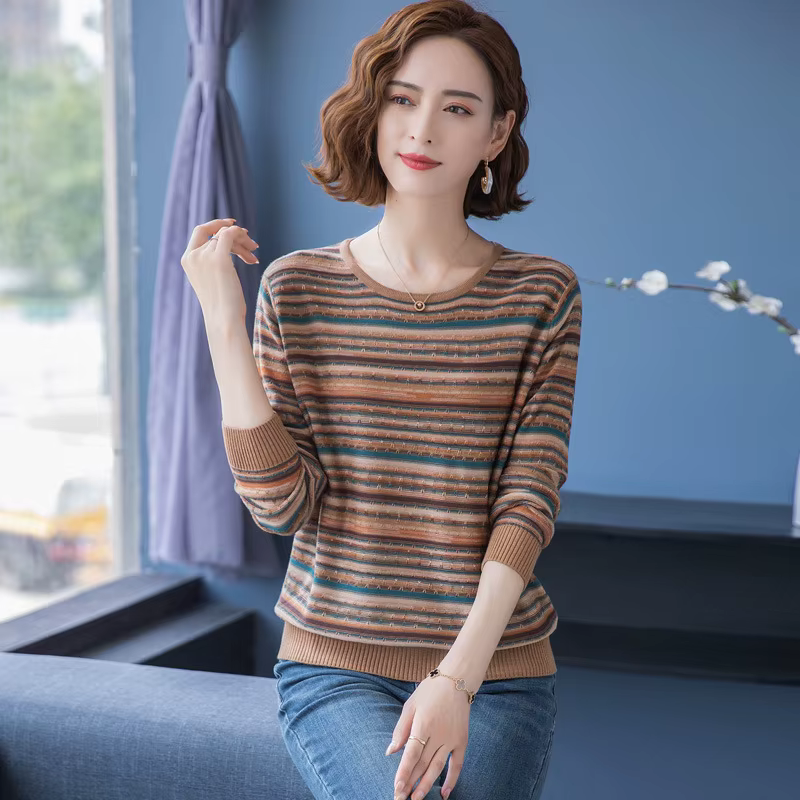 S-3XL d'âge moyen mère pull de base femmes printemps automne nouveau rayé manches longues haut col r
