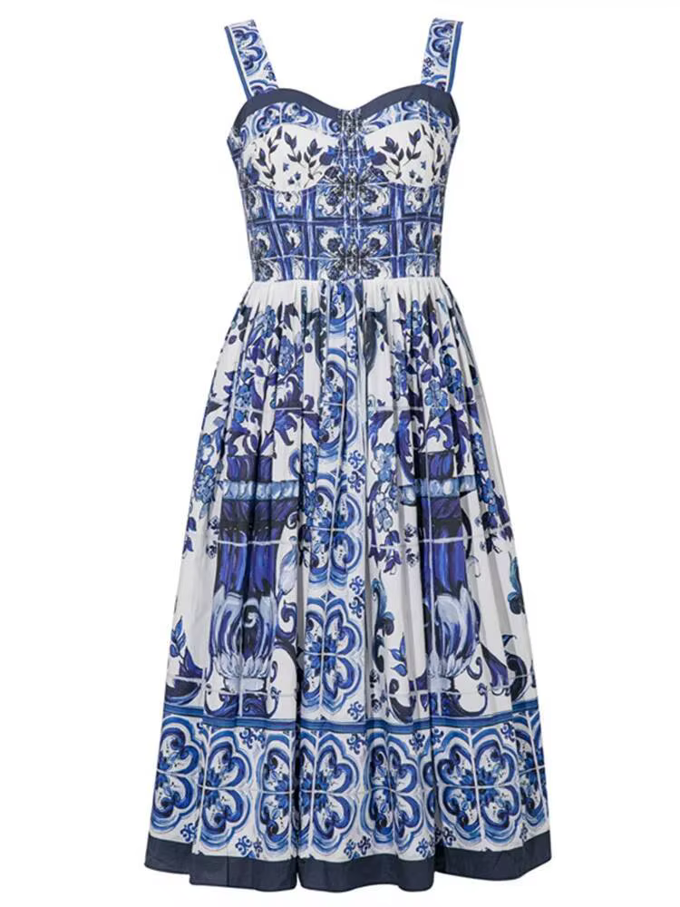 Robe longue d'été JAMERARY à imprimé floral en porcelaine bleue et blanche pour femmes Bretelles Fer