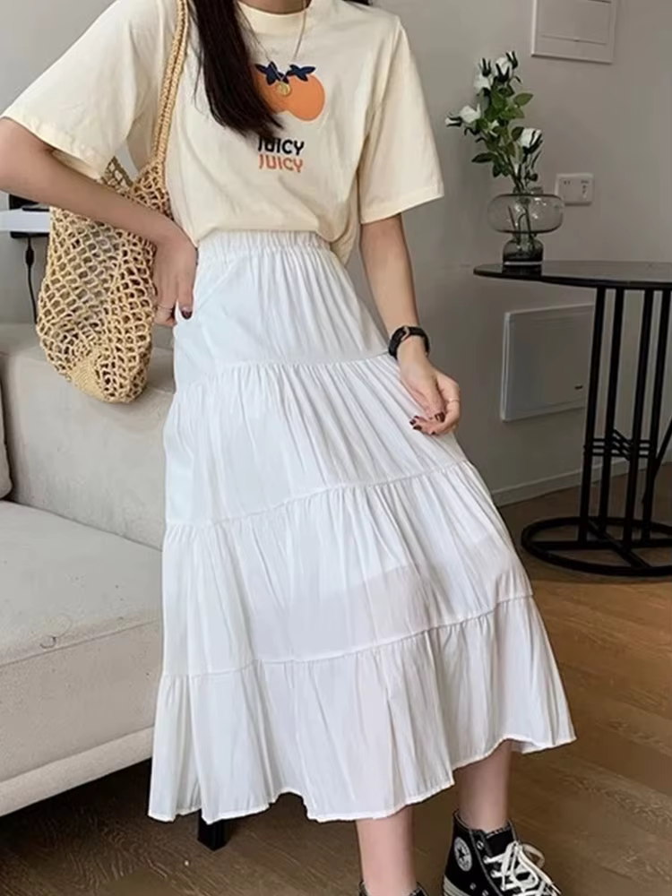 Jupe trapèze en mousseline de soie pour femme, vintage, taille haute, élastique, patchwork, blanc, n
