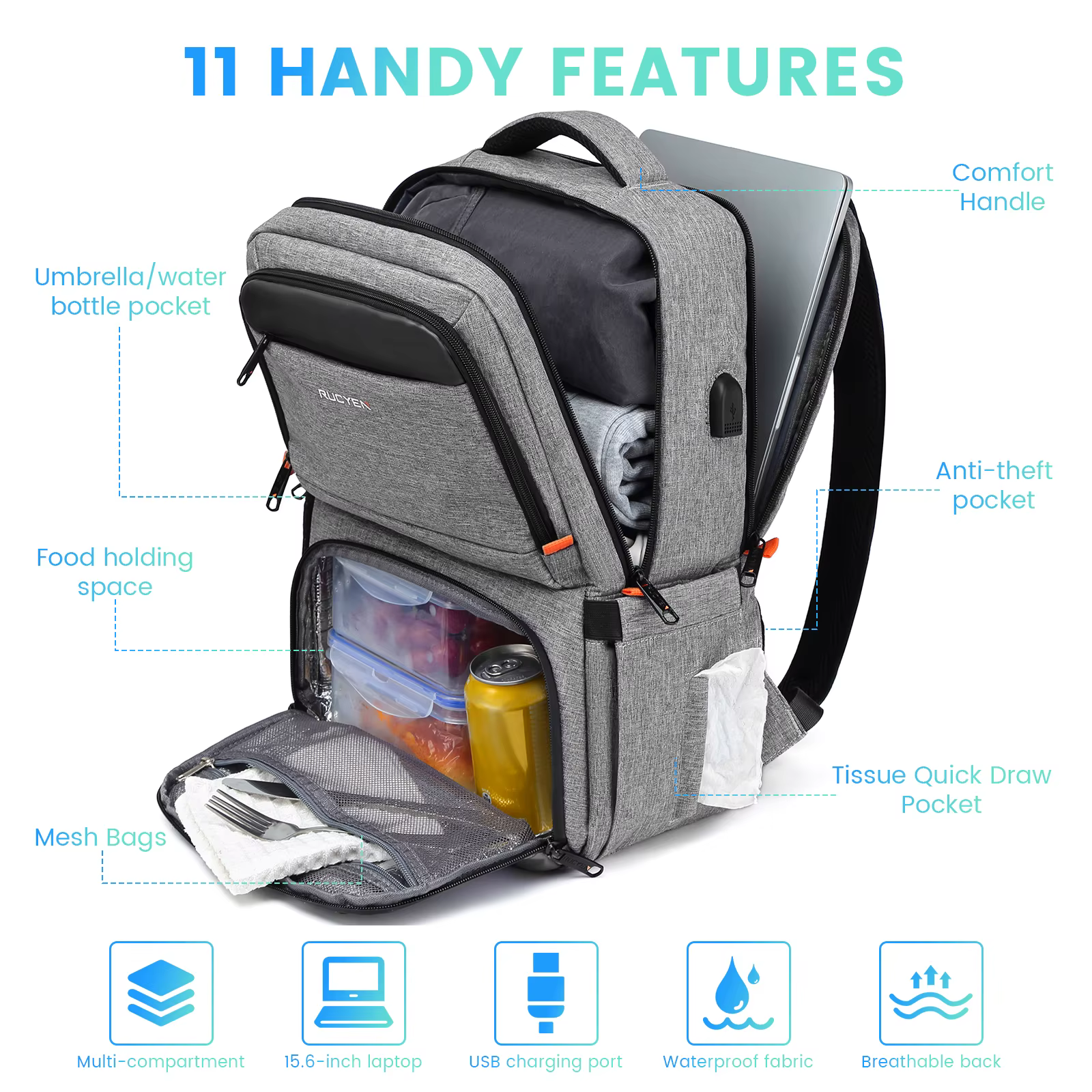 Sac à dos isotherme pour le déjeuner, sac à dos pour ordinateur portable avec blocage RFID 15,6 pouc
