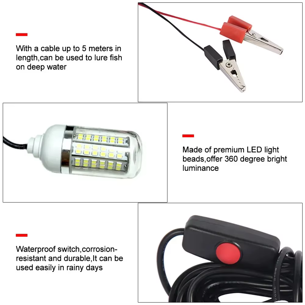 Lampe sous-marine 12V 15W 108 LED, lumière de pêche de nuit, étanche IP68, multicolore, attire en pr